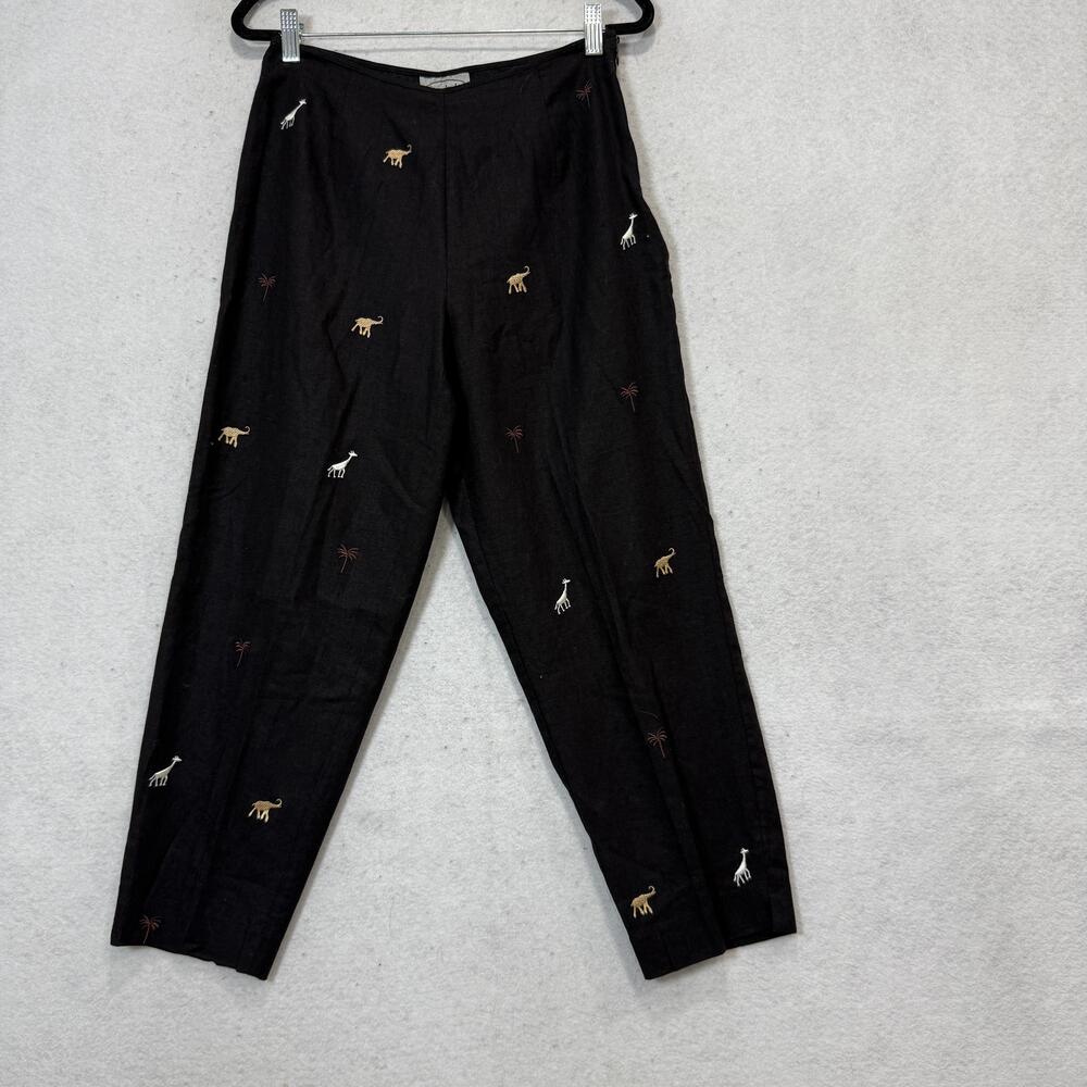 Stonebridge Pants Womens 8P Black Linen Rayon Embroidered Animal Tapered Leg